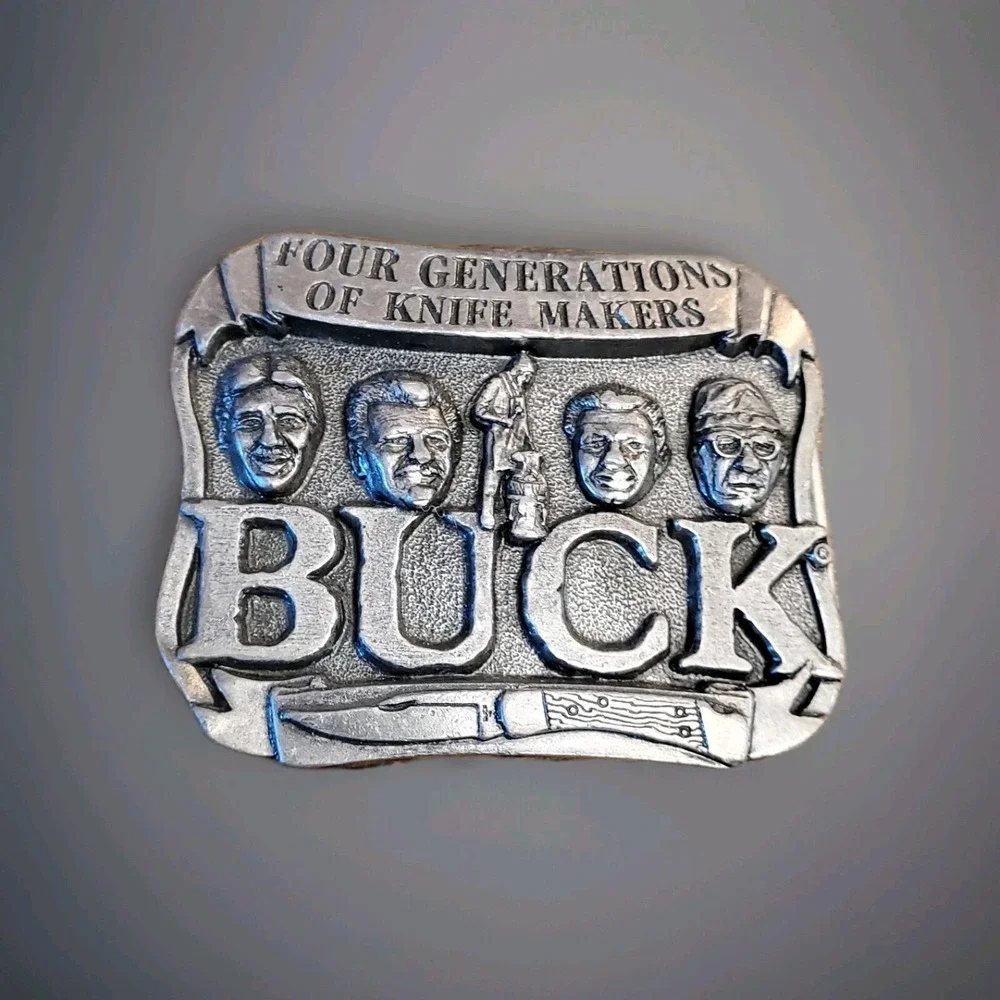 Buck Knives Vtg 70s Belt Buckle Four Generations of Knife Makers Smoky MT. Knife